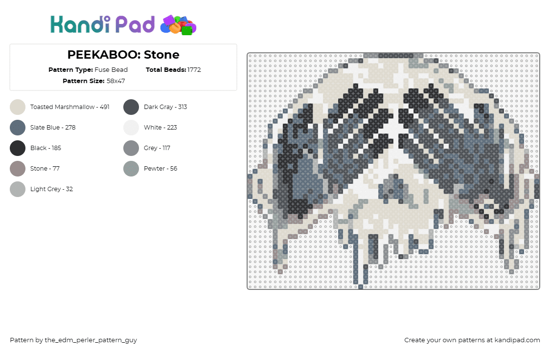 PEEKABOO: Stone - Fuse Bead Pattern by the_edm_perler_pattern_guy on Kandi Pad - peekaboo,logo,edm,music,dj,skull,melting,psychedelic,hands,white,gray