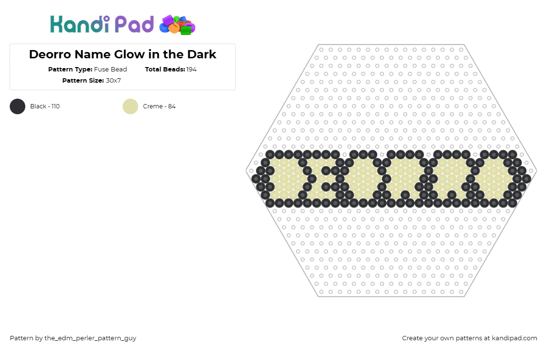 Deorro Name Glow in the Dark - Fuse Bead Pattern by the_edm_perler_pattern_guy on Kandi Pad - deorro,glow in the dark,edm,music,dj,hexagon