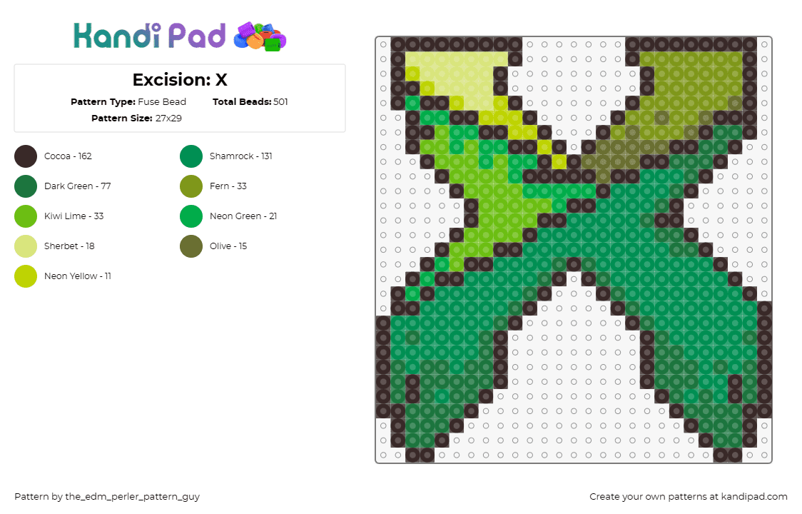 Excision: X - Fuse Bead Pattern by the_edm_perler_pattern_guy on Kandi Pad - excision,logo,x,dj,music,edm,dubstep,green