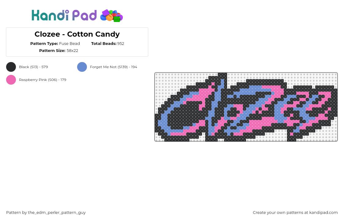 Clozee - Cotton Candy - Fuse Bead Pattern by the_edm_perler_pattern_guy on Kandi Pad - clozee,logo,graffiti,text,dj,music,edm,blue,pink,purple