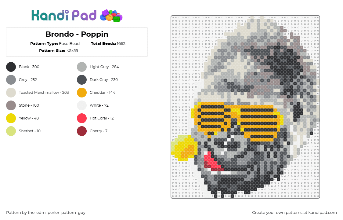 Brondo - Poppin - Fuse Bead Pattern by the_edm_perler_pattern_guy on Kandi Pad - brondo,gorilla,dj,cool,music,edm,candy,funny,sunglasses,gray,yellow