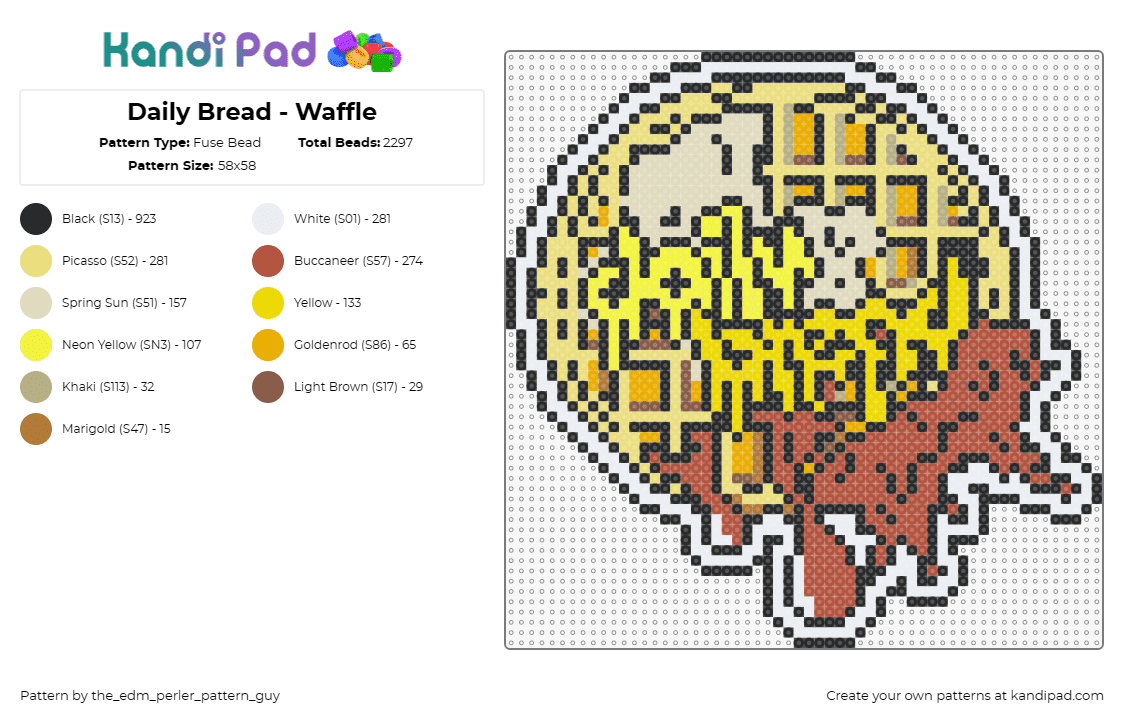 Daily Bread - Waffle - Fuse Bead Pattern by the_edm_perler_pattern_guy on Kandi Pad - daily bread,waffle,syrup,melting,drippy,dj,music,edm,sticker,yellow,tan,brown