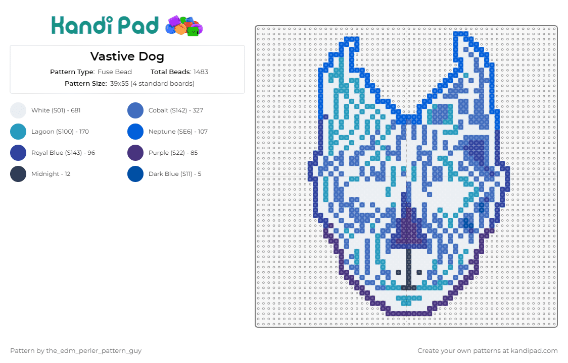 Vastive Dog - Fuse Bead Pattern by the_edm_perler_pattern_guy on Kandi Pad - vastive,dj,dog,pitbull,glow,edm,music,dynamic,stylized,energy,blue,white
