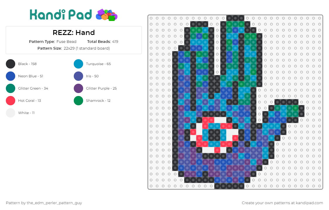 REZZ: Hand - Fuse Bead Pattern by the_edm_perler_pattern_guy on Kandi Pad - rezz,music,edm,dj,eyeball
