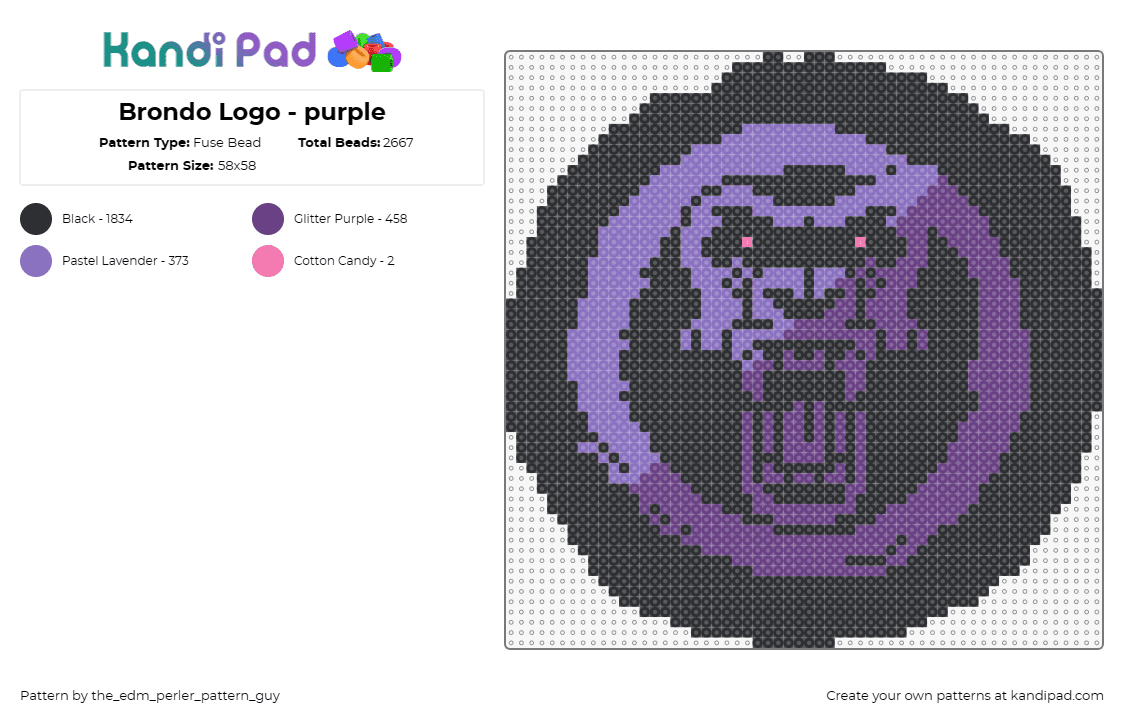 Brondo Logo - purple - Fuse Bead Pattern by the_edm_perler_pattern_guy on Kandi Pad - brondo,gorilla,dj,logo,coin,music,edm,intense,purple,black