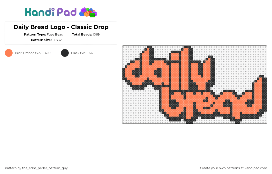 Daily Bread Logo - Classic Drop - Fuse Bead Pattern by the_edm_perler_pattern_guy on Kandi Pad - daily bread,logo,retro,text,dj,music,edm,black,orange