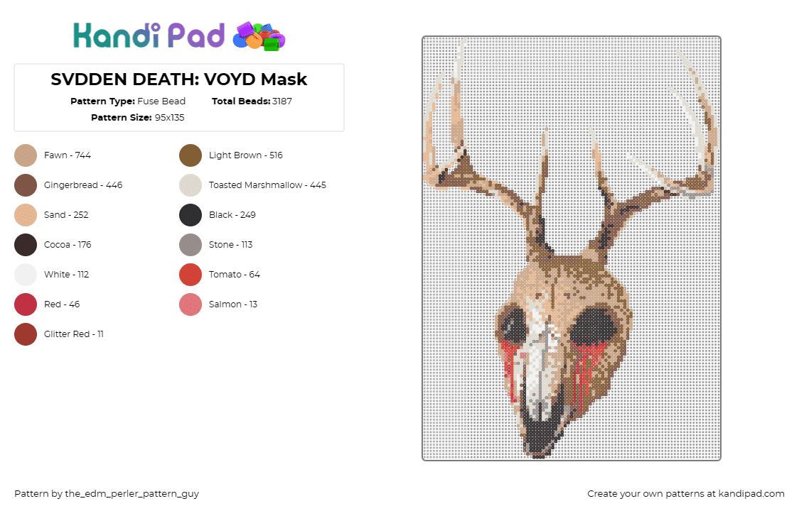 SVDDEN DEATH: VOYD Mask - Fuse Bead Pattern by the_edm_perler_pattern_guy on Kandi Pad - voyd,svdden death,skull,antlers,dj,music,edm,animal,helmet,bloody,mask,creepy,tan