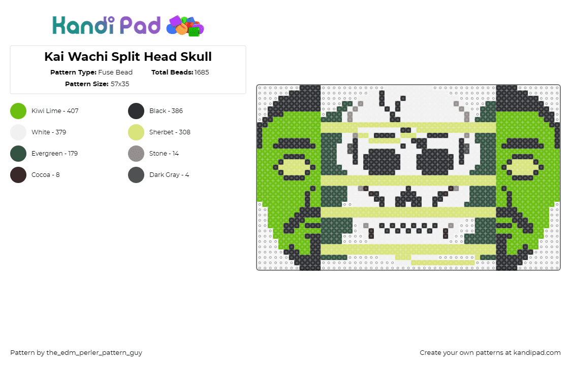 Kai Wachi Split Head Skull - Fuse Bead Pattern by the_edm_perler_pattern_guy on Kandi Pad - kai wachi,skull,trippy,music,edm,dj,face,green,white