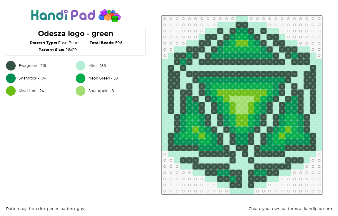 Odesza logo - green - Fuse Bead Pattern by the_edm_perler_pattern_guy on Kandi Pad - odesza,icosahedron,logo,geometric,dj,music,edm,green