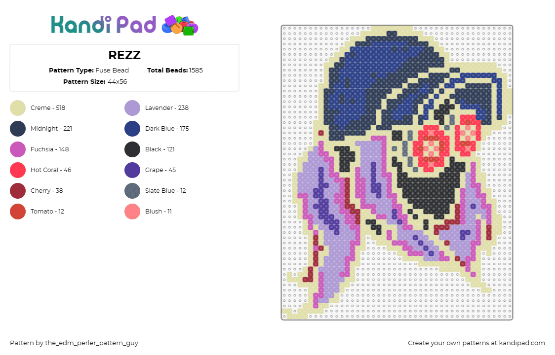 REZZ - Fuse Bead Pattern by the_edm_perler_pattern_guy on Kandi Pad - rezz,dj,edm,music,hat,glow,hypnotic,goggles,blue,purple,red