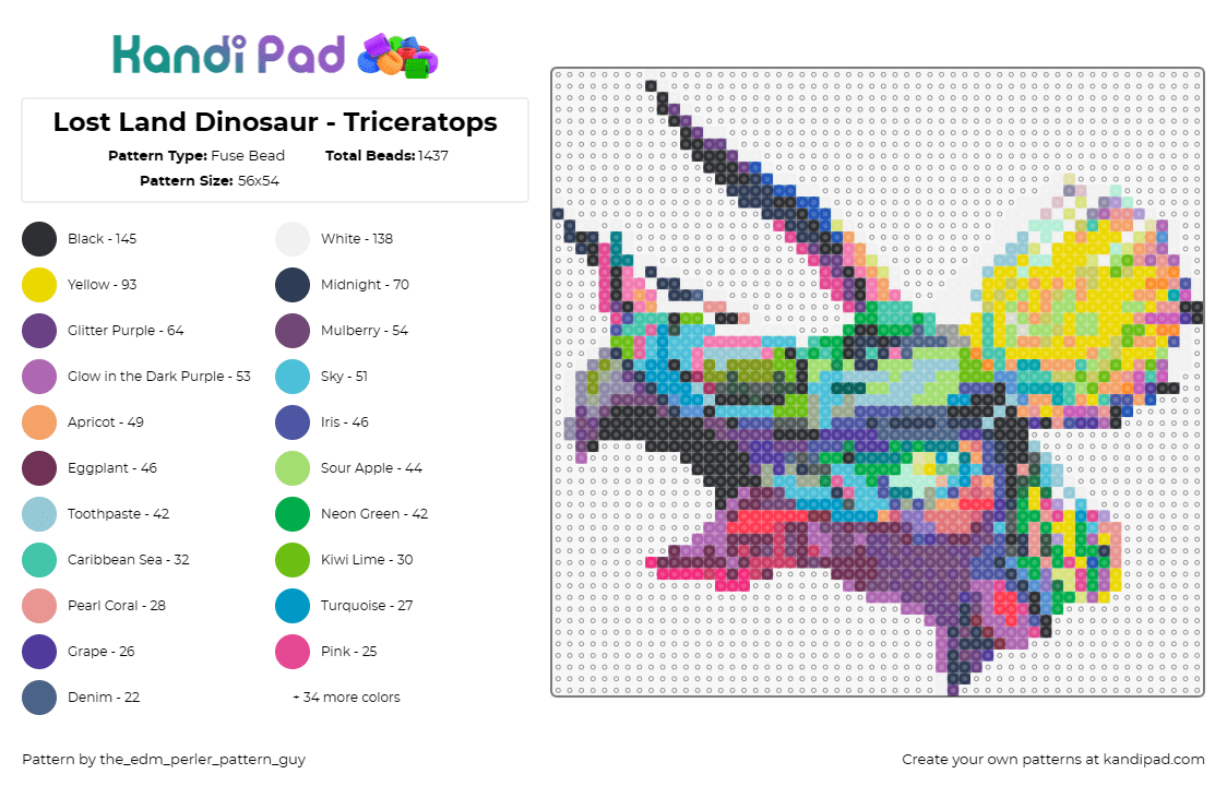 Lost Land Dinosaur - Triceratops - Fuse Bead Pattern by the_edm_perler_pattern_guy on Kandi Pad - dinosaur,triceratops,lost lands,music,festival,edm,colorful,yellow,green