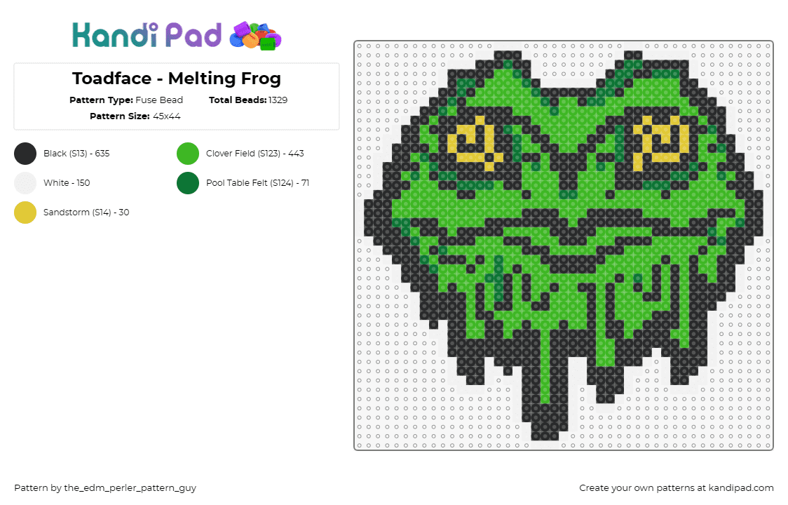 Toadface - Melting Frog - Fuse Bead Pattern by the_edm_perler_pattern_guy on Kandi Pad - toadface,trippy,frog,melting,dj,edm,music,green,black