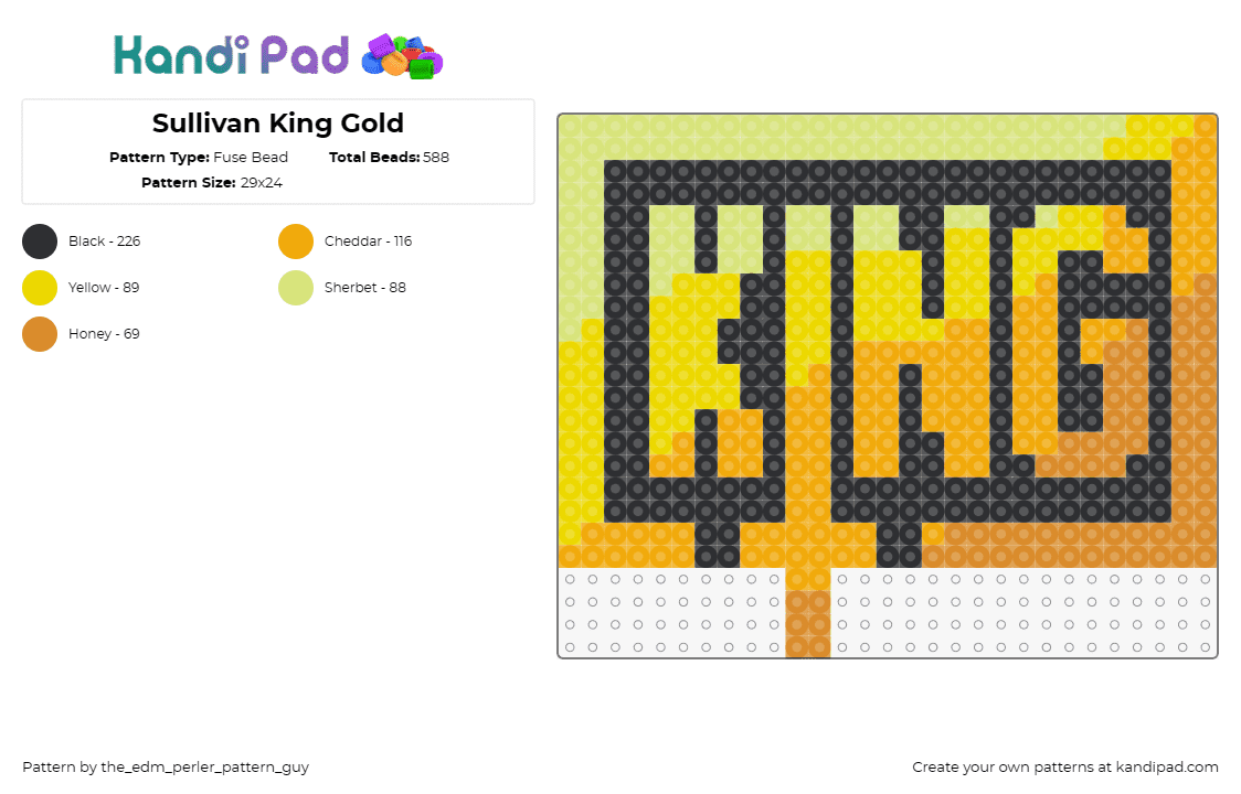 Sullivan King Gold - Fuse Bead Pattern by the_edm_perler_pattern_guy on Kandi Pad - sullivan king,logo,emblem,dj,edm,music,gold