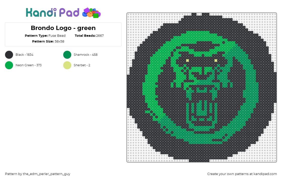 Brondo Logo - green - Fuse Bead Pattern by the_edm_perler_pattern_guy on Kandi Pad - brondo,gorilla,dj,logo,coin,music,edm,intense,green,black