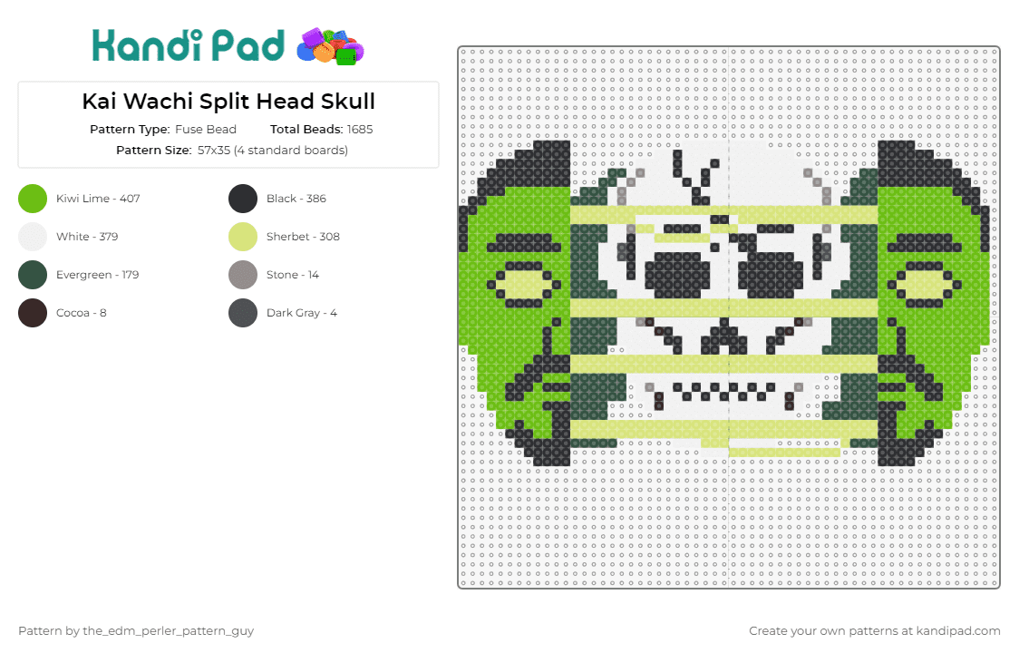 Kai Wachi Split Head Skull - Fuse Bead Pattern by the_edm_perler_pattern_guy on Kandi Pad - kai wachi,music,edm,dj,skull
