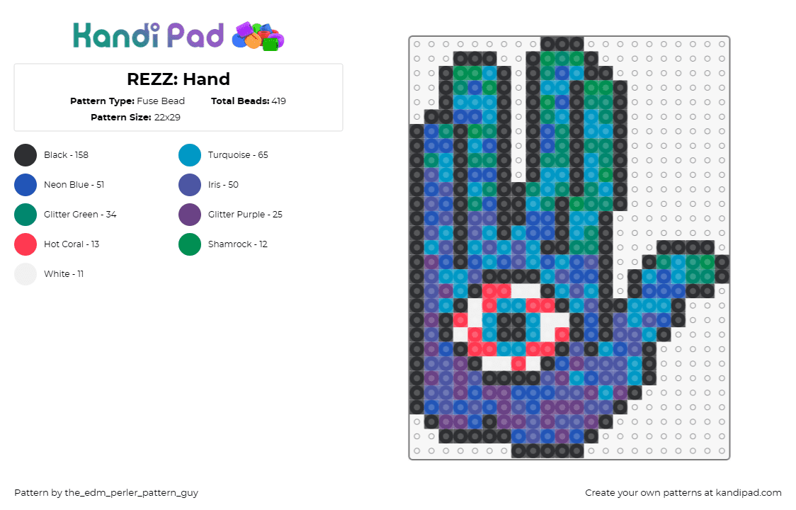 REZZ: Hand - Fuse Bead Pattern by the_edm_perler_pattern_guy on Kandi Pad - rezz,hand,eye,trippy,fortune,psychedelic,music,edm,dj,teal,blue