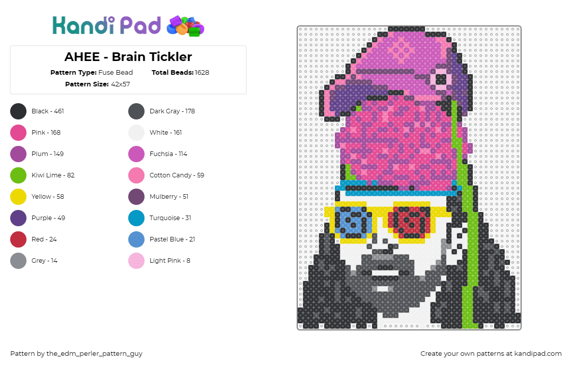 AHEE - Brain Tickler - Fuse Bead Pattern by the_edm_perler_pattern_guy on Kandi Pad - ahee,trippy,dj,edm,music,psychedelic,brain,glasses,hat,purple