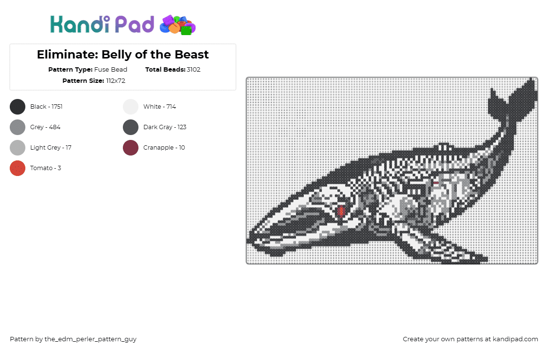 Eliminate: Belly of the Beast - Fuse Bead Pattern by the_edm_perler_pattern_guy on Kandi Pad - eliminate,whale,skeleton,dj,music,edm,album,black,gray