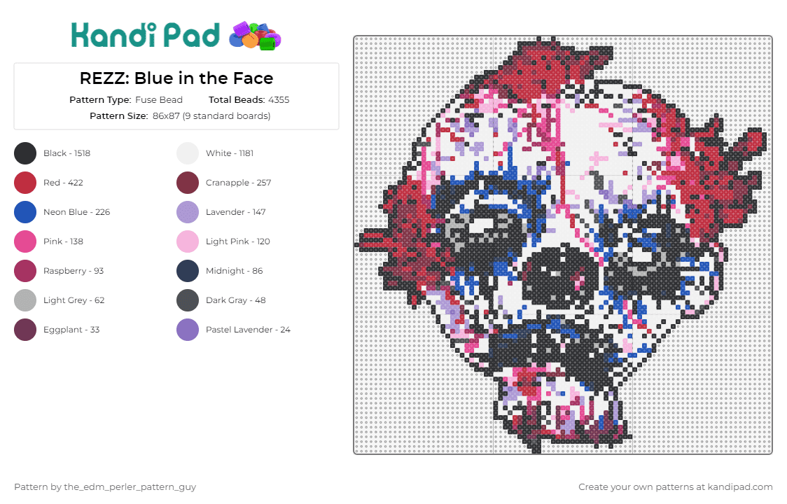 REZZ: Blue in the Face - Fuse Bead Pattern by the_edm_perler_pattern_guy on Kandi Pad - rezz,clown,music,dj,edm,spooky