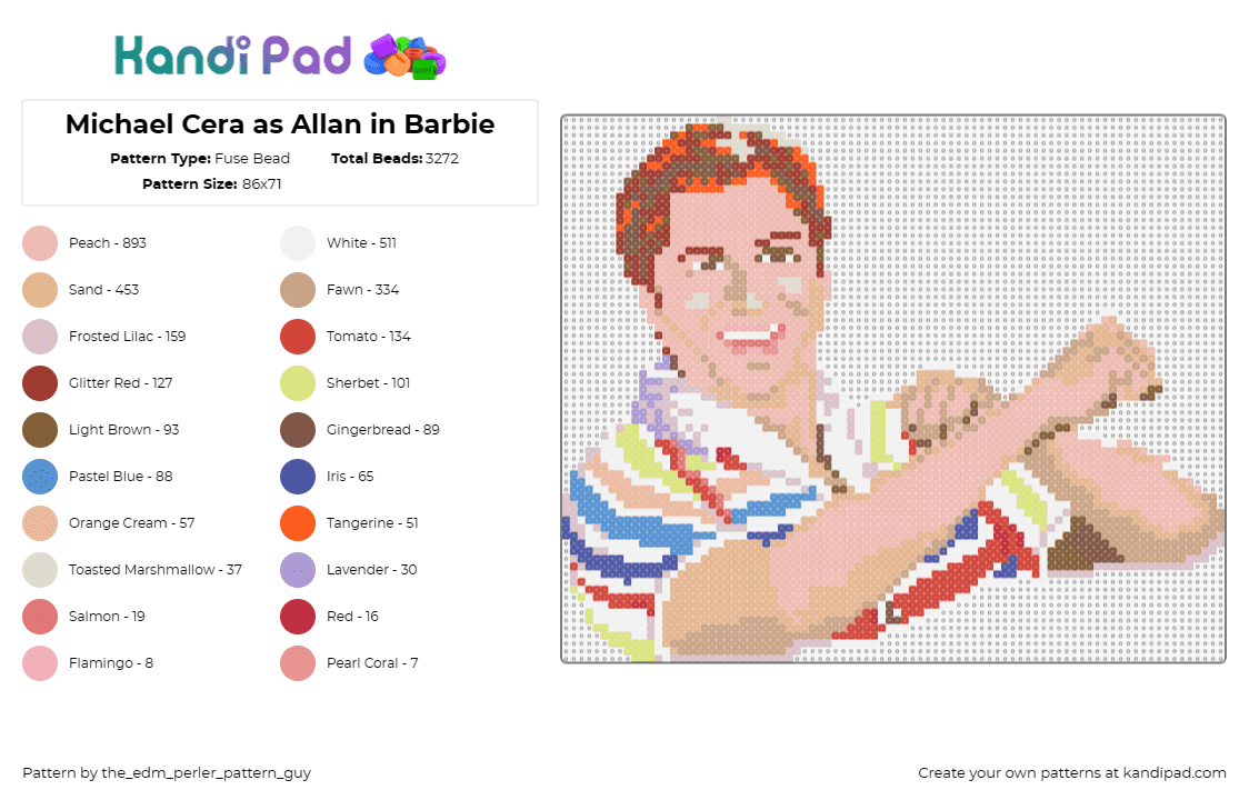 Michael Cera as Allan in Barbie - Fuse Bead Pattern by the_edm_perler_pattern_guy on Kandi Pad - michael cera,allan,barbie,excision,dj,character,funny,movie,music,colorful,tan,o