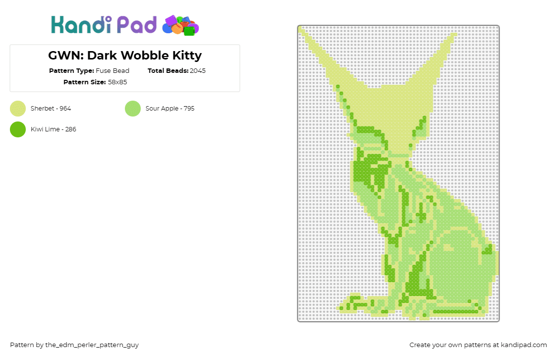 GWN: Dark Wobble Kitty - Fuse Bead Pattern by the_edm_perler_pattern_guy on Kandi Pad - dark wobble,ganja white night,cat,music,edm,dj,neon,animal,glow,green