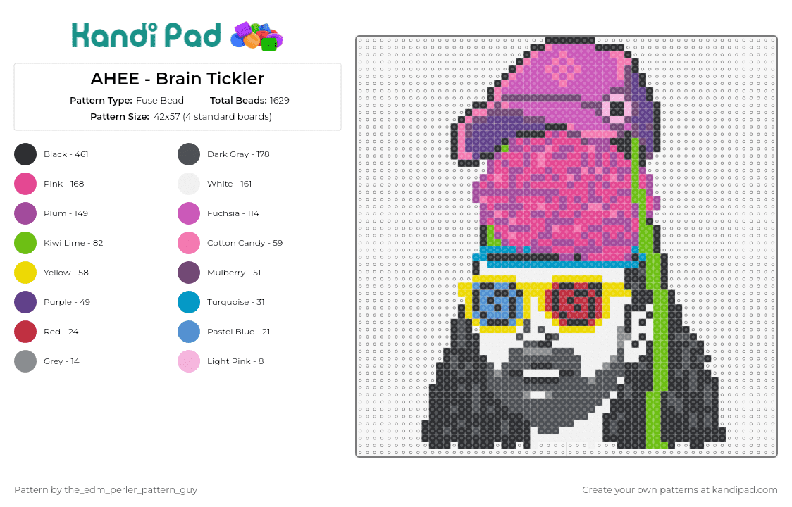 AHEE - Brain Tickler - Fuse Bead Pattern by the_edm_perler_pattern_guy on Kandi Pad - ahee,trippy,dj,edm,music,psychedelic,festival,glasses,headwear,purple