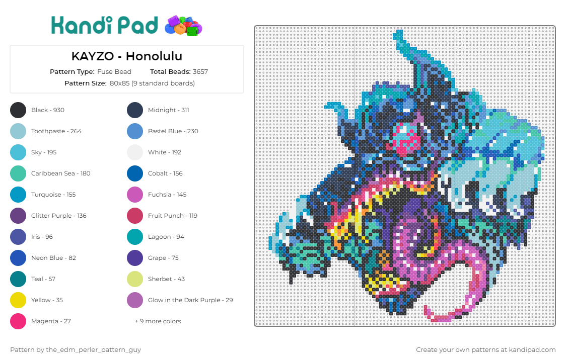 KAYZO - Honolulu - Fuse Bead Pattern by the_edm_perler_pattern_guy on Kandi Pad - kayzo,wolf,waves,dj,music,edm,scary,detailed,blue,teal,pink