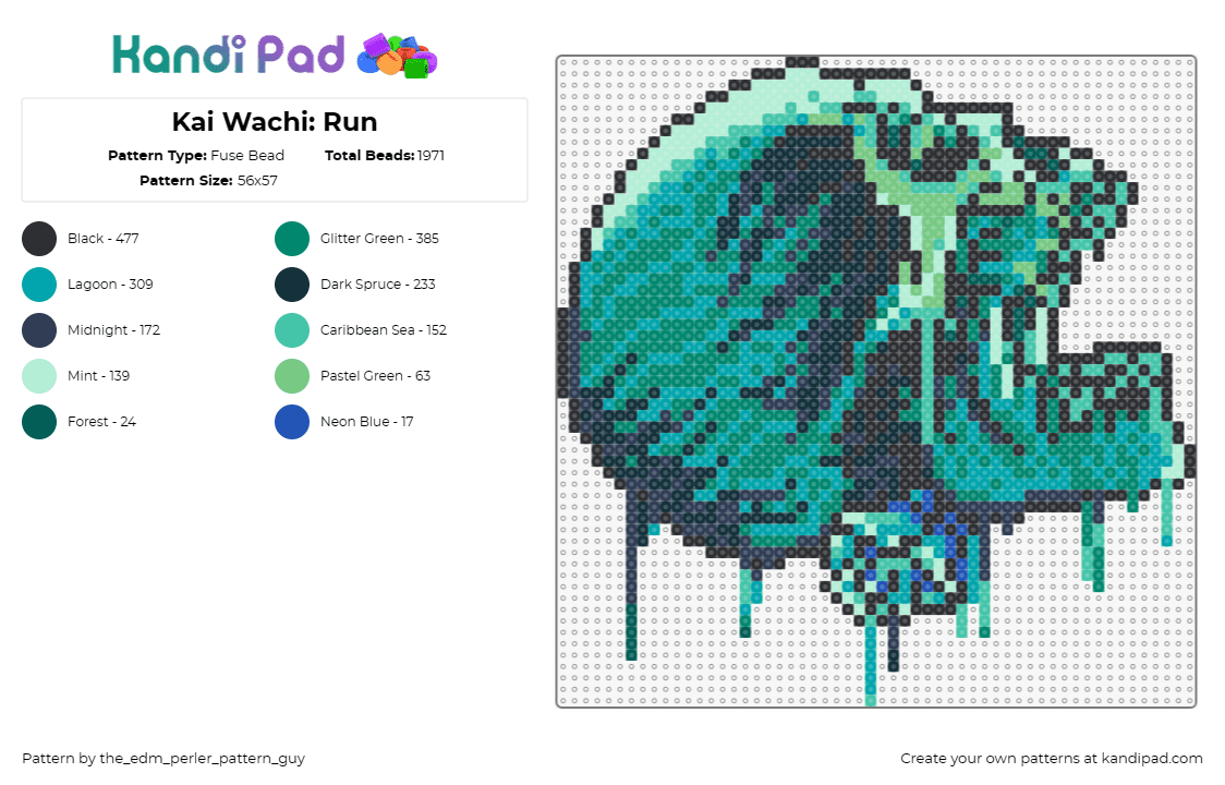 Kai Wachi: Run - Fuse Bead Pattern by the_edm_perler_pattern_guy on Kandi Pad - kai wachi,skull,drippy,music,edm,dj,spooky,green,teal