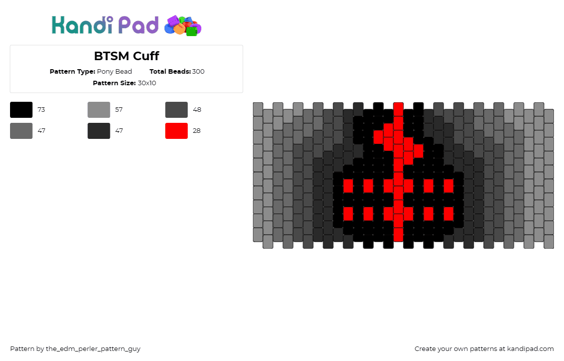 BTSM Cuff - Pony Bead Pattern by the_edm_perler_pattern_guy on Kandi Pad - btsm,black tiger sex machine,cuff,edm,dj,music,dark,cross,gradient,red,gray,black