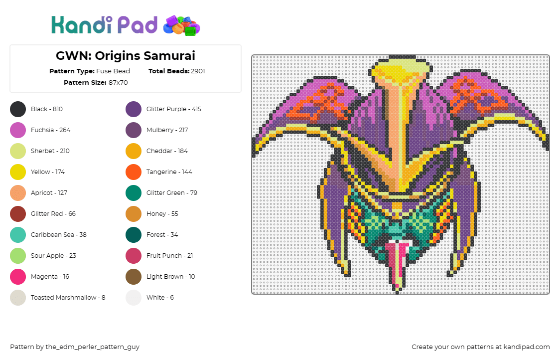 GWN: Origins Samurai - Fuse Bead Pattern by the_edm_perler_pattern_guy on Kandi Pad - ganja white night,samurai,dj,music,edm,armor,purple,gold,green