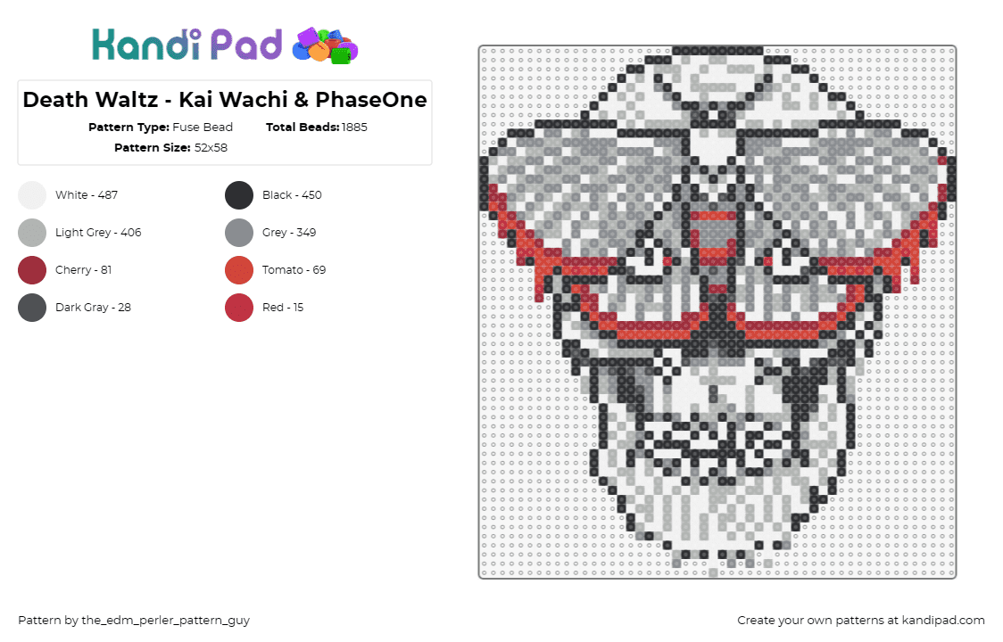 Death Waltz - Kai Wachi & PhaseOne - Fuse Bead Pattern by the_edm_perler_pattern_guy on Kandi Pad - kai wachi,phaseone,skull,moth,dj,edm,music,gray,white