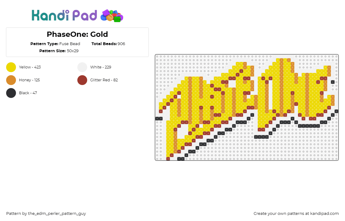 PhaseOne: Gold - Fuse Bead Pattern by the_edm_perler_pattern_guy on Kandi Pad - phase one,logo,edm,dj ,music,text,gold,yellow