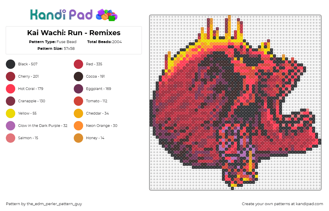 Kai Wachi: Run - Remixes - Fuse Bead Pattern by the_edm_perler_pattern_guy on Kandi Pad - kai wachi,skull,fiery,music,edm,dj,spooky,red,orange