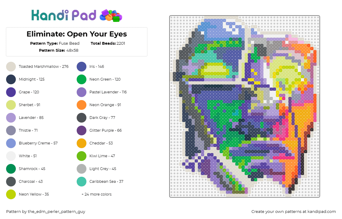 Eliminate: Open Your Eyes - Fuse Bead Pattern by the_edm_perler_pattern_guy on Kandi Pad - eliminate,neon,mask,glow,music,edm,dj,colorful,green,orange