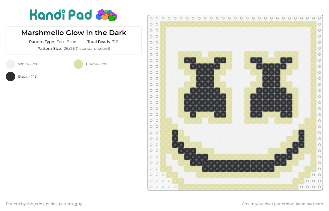 Marshmello Glow in the Dark Fuse Bead Pattern - Kandi Pad  Kandi Patterns, Fuse  Bead Patterns, Pony Bead Patterns, AI-Driven Designs