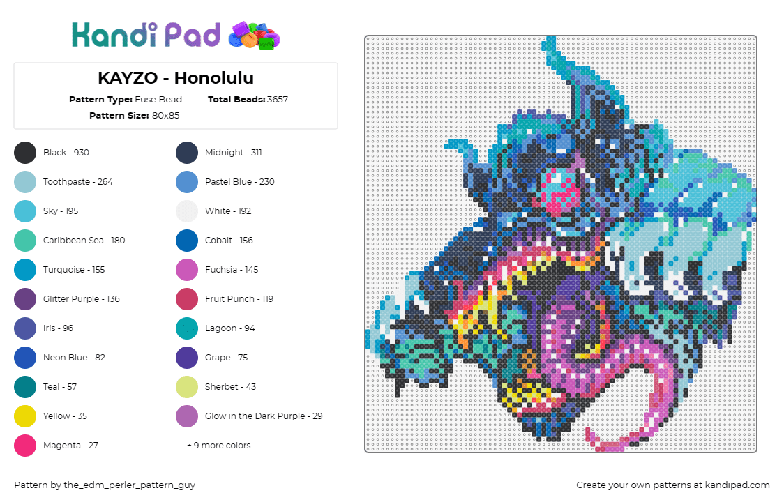 KAYZO - Honolulu - Fuse Bead Pattern by the_edm_perler_pattern_guy on Kandi Pad - kayzo,wolf,waves,dj,music,edm,scary,detailed,blue,teal,pink