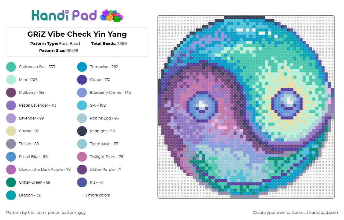 GRiZ Vibe Check Yin Yang - Fuse Bead Pattern by the_edm_perler_pattern_guy on Kandi Pad - griz,yin yang,face,dj,music,gradient,peace,smile,teal,purple