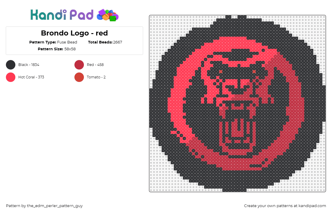 Brondo Logo - red - Fuse Bead Pattern by the_edm_perler_pattern_guy on Kandi Pad - brondo,gorilla,dj,logo,coin,music,edm,intense,red,black