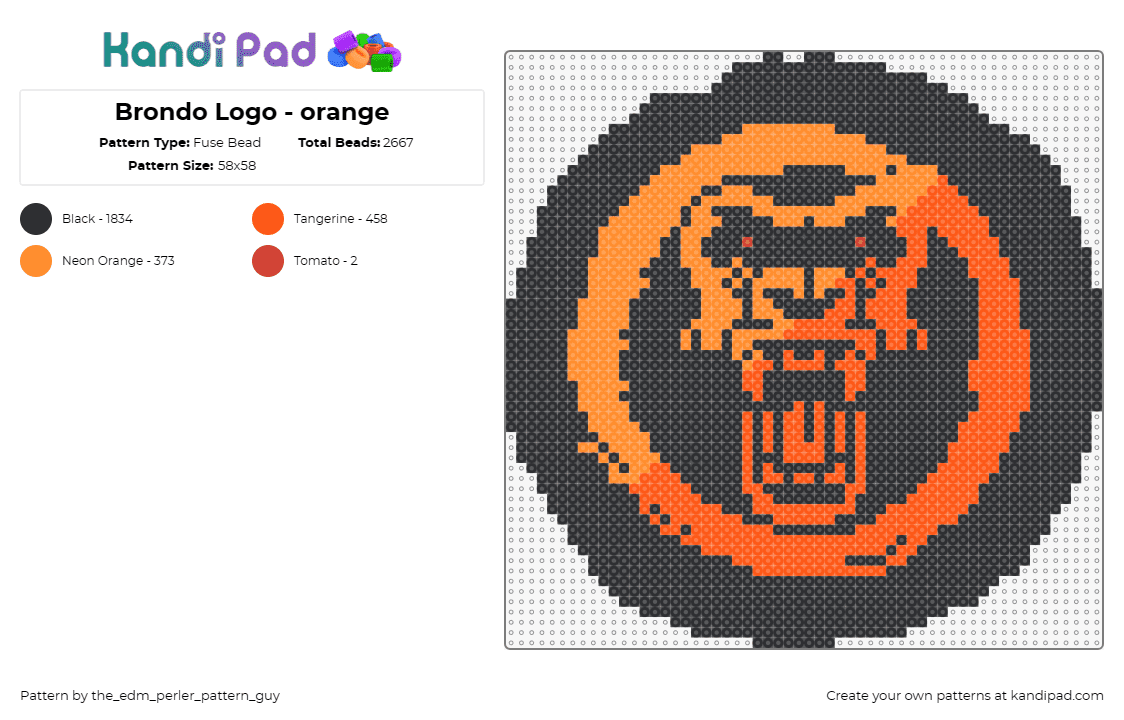 Brondo Logo - orange - Fuse Bead Pattern by the_edm_perler_pattern_guy on Kandi Pad - brondo,gorilla,dj,logo,coin,music,edm,intense,orange,black