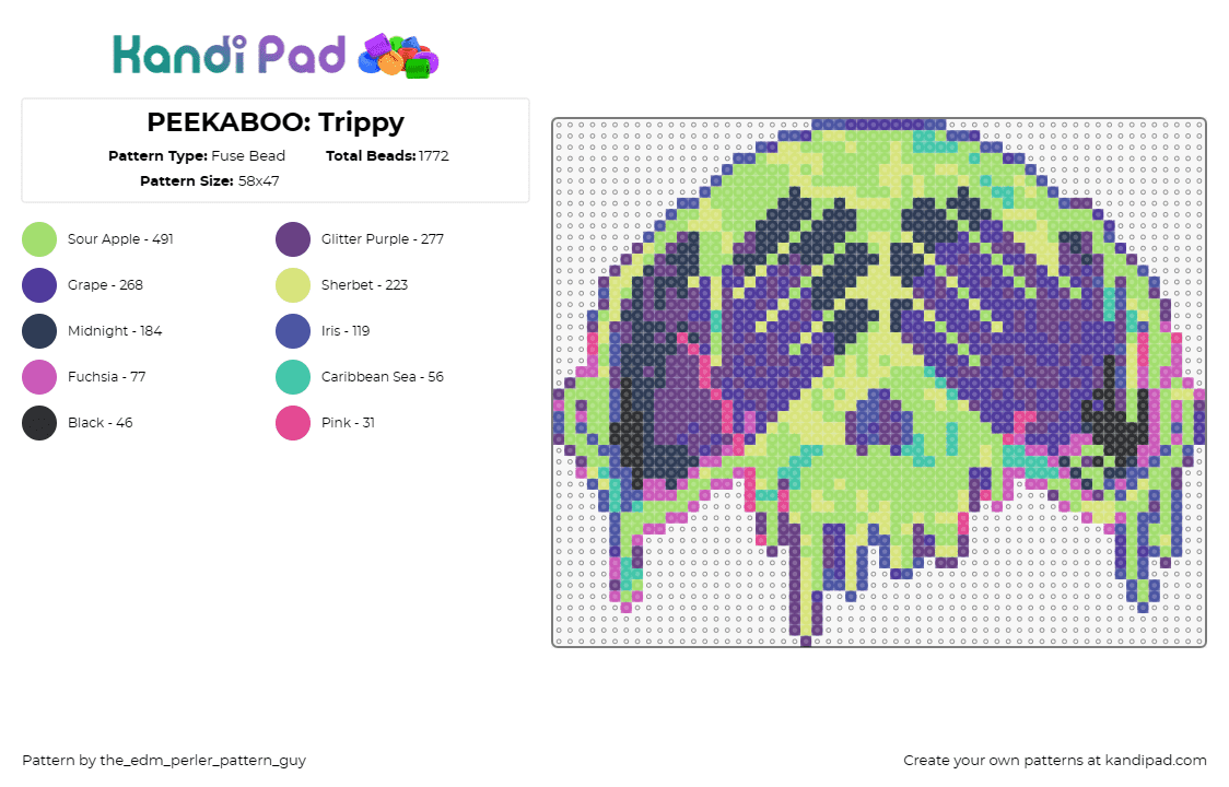 PEEKABOO: Trippy - Fuse Bead Pattern by the_edm_perler_pattern_guy on Kandi Pad - peekaboo,drippy,trippy,acid,edm,music,dj,skull,melting,purple,green