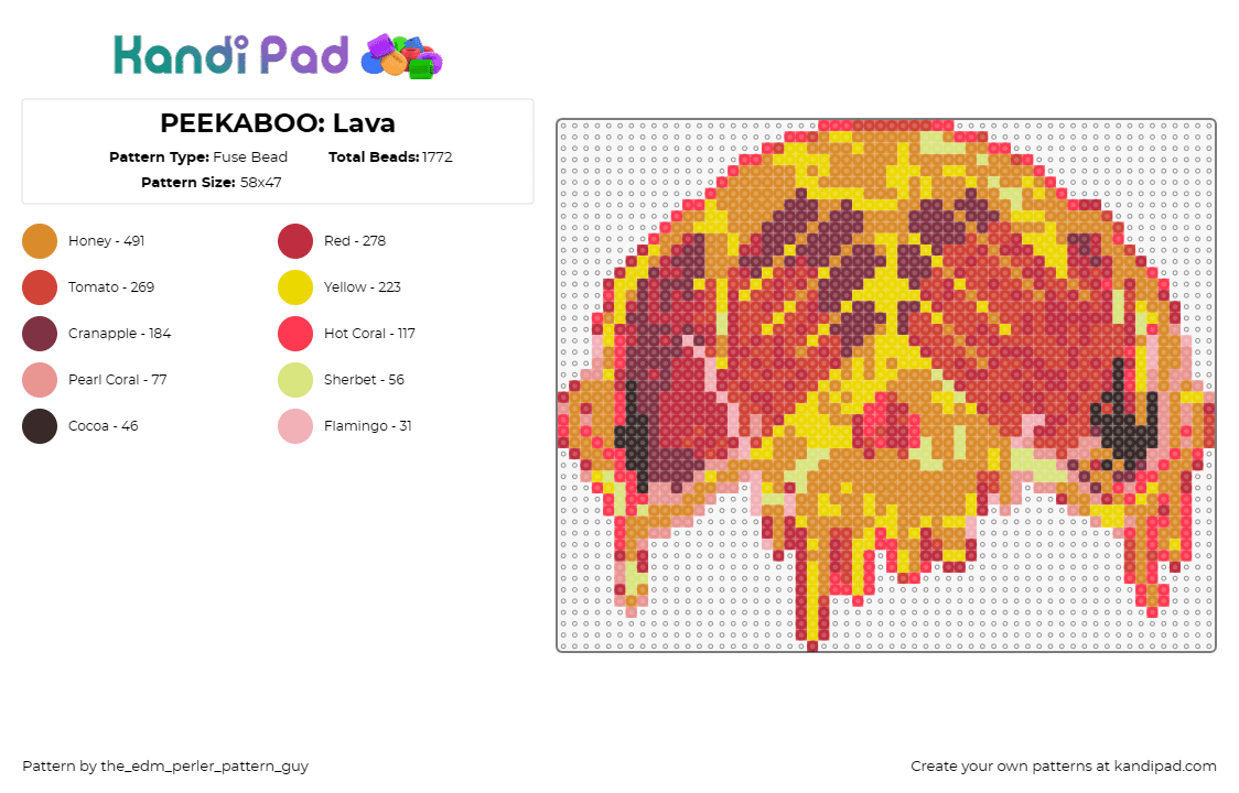 PEEKABOO: Lava - Fuse Bead Pattern by the_edm_perler_pattern_guy on Kandi Pad - peekaboo,logo,edm,music,dj,skull,melting,hands,fiery,orange,red,yellow