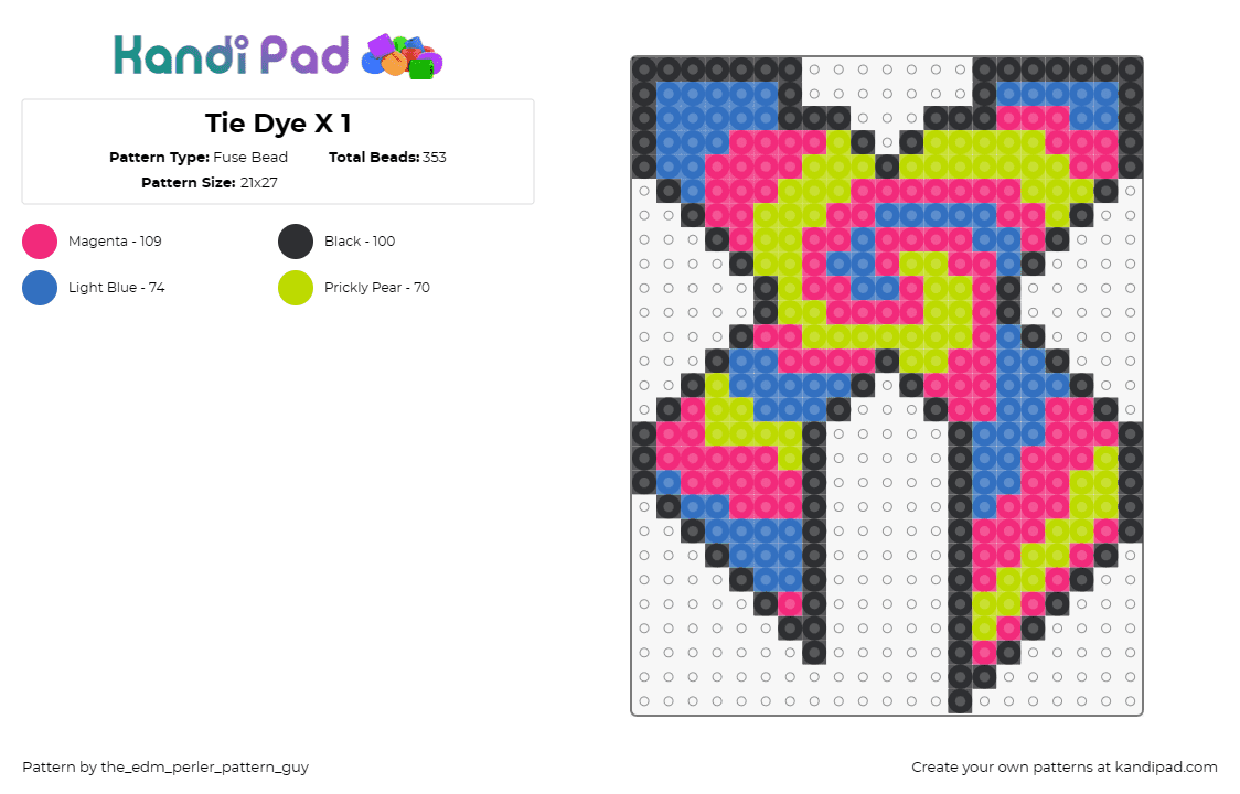 Tie Dye X 1 - Fuse Bead Pattern by the_edm_perler_pattern_guy on Kandi Pad - excision,x,tie dye,music,edm,dj,blue,pink,yellow,black