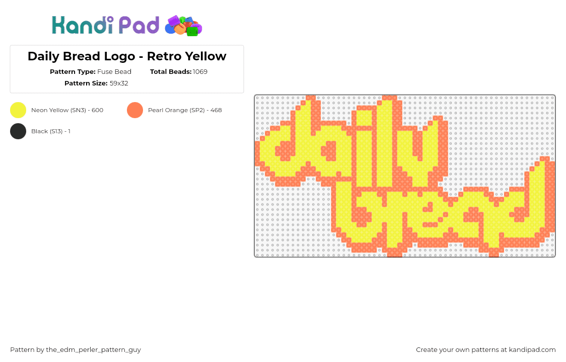 Daily Bread Logo - Retro Sunshine - Fuse Bead Pattern by the_edm_perler_pattern_guy on Kandi Pad - daily bread,logo,retro,text,dj,music,edm,yellow,orange