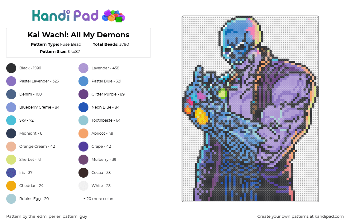 Kai Wachi: All My Demons - Fuse Bead Pattern by the_edm_perler_pattern_guy on Kandi Pad - kai wachi,thanos,mashup,character,music,edm,dj,skull,muscles,dubstep,spooky,dark