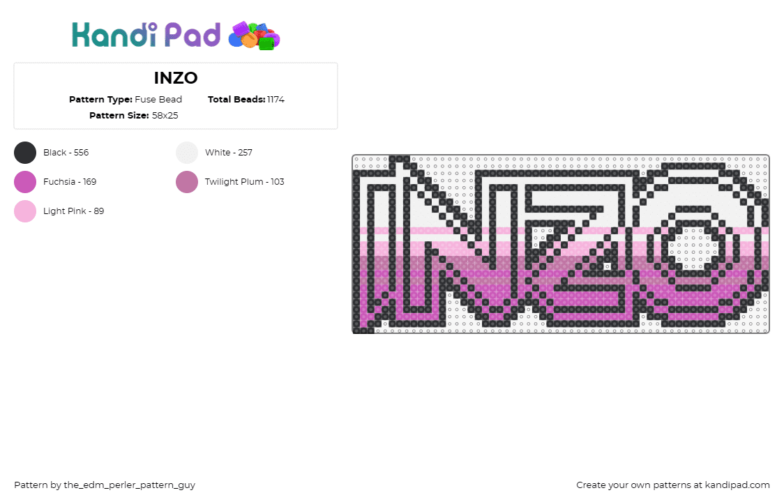 INZO - Fuse Bead Pattern by the_edm_perler_pattern_guy on Kandi Pad - inzo,logo,dj,text,music,edm,gradient,retro,pink,white