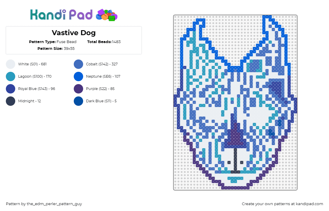 Vastive Dog - Fuse Bead Pattern by the_edm_perler_pattern_guy on Kandi Pad - vastive,dj,dog,pitbull,glow,edm,music,stylized,energy,blue,white