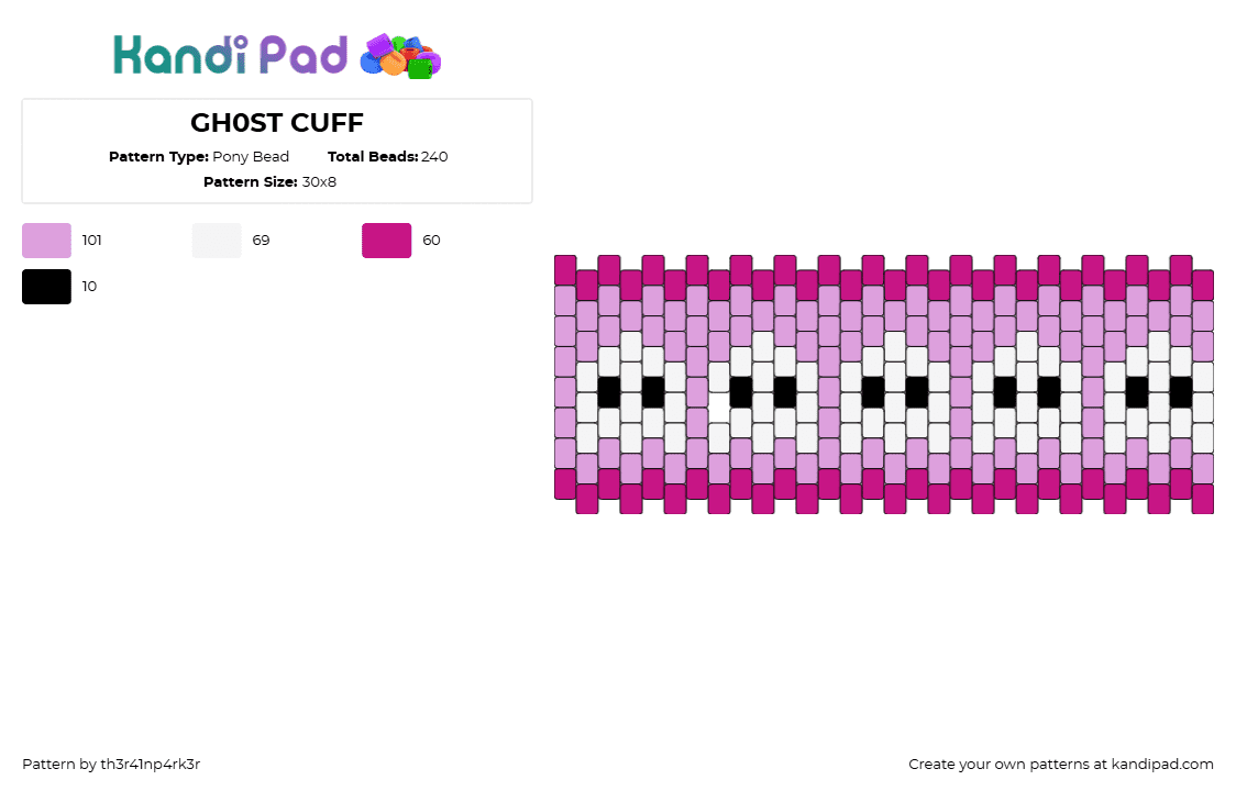 GH0ST CUFF - Pony Bead Pattern by th3r41np4rk3r on Kandi Pad - ghosts,repeating,spooky,cute,cuff,halloween,white,pink