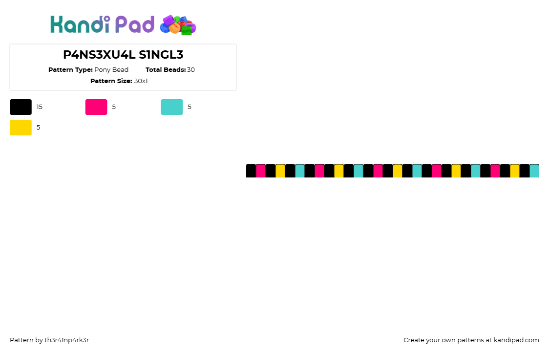 P4NS3XU4L S1NGL3 - Pony Bead Pattern by th3r41np4rk3r on Kandi Pad - pansexual,pride,single,bracelet,dark,black,pink,yellow,teal