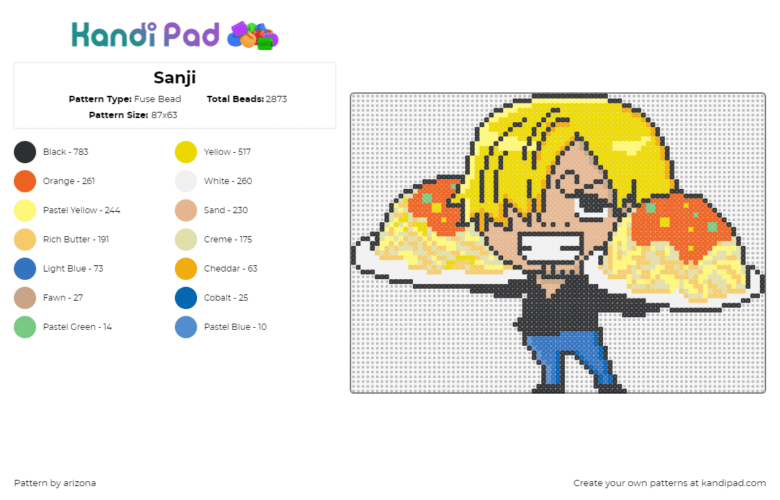 Sanji - Fuse Bead Pattern by arizona on Kandi Pad - robin,one piece,spaghetti,chibi,anime,character,tv show,blonde,yellow,tan,orange