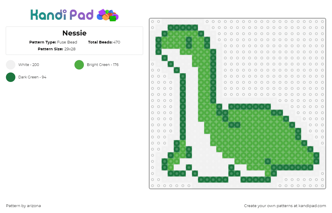 Nessie - Fuse Bead Pattern by arizona on Kandi Pad - nessie,loch ness monster,mythological,cute,dinosaur,green,white